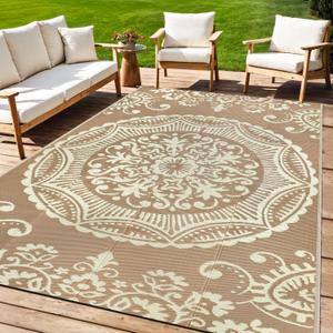 Capslpad 5x8 Outdoor Rug Waterproof Beige Boho Floral Patio Carpet Portable Plastic Straw Rug Foldable Outside Carpet with Carry Bag for RV Backyard Balcony Bench Picnic Porch