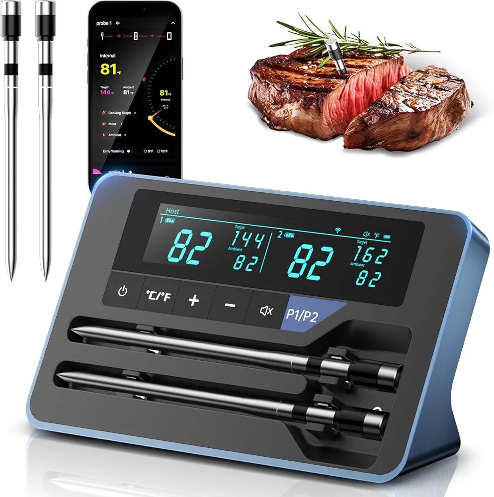 2025 AI Wireless Meat Thermometer, Smart Bluetooth Meat Thermometer Digital, ±0.5°F High Accuracy, Grill Temperature Probe for BBQ, Grilling, Smoker, Oven, Cooking, Air Fryer, 2 Probes
