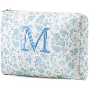 HBselect Initial Quilted Makeup Bag, Cotton Large Travel Makeup Bag, Cute Floral Coquette Make up Bag Cosmetic Bag Toiletry Bag for Women Girls M