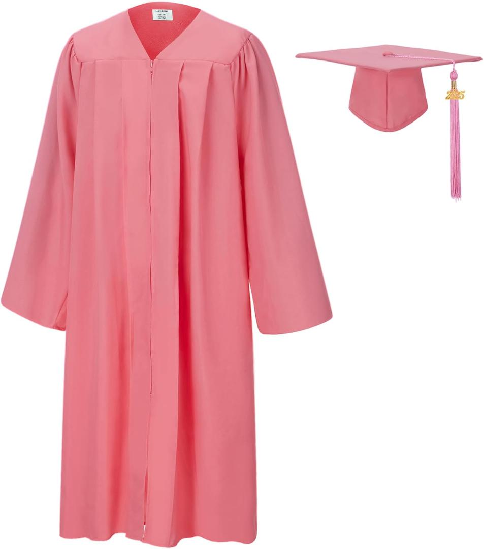 SAMDEEMI Unisex Adult Matte Graduation Gown Cap Tassel Set 2025 for High School and Bachelor 10 Colors (45 Plus, Pink)