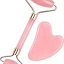 Rose Quartz Facial Roller and Gua Sha Stone Set, Pink Jade Face Massage Tools for Skin Care, 2 Piece Set