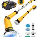 Qimedo Upgrade 1200 RPM Battery Electric Spin Scrubber, Highly Powerful Cordless Cleaning Brush with Smart Display, Electric Tile Floor Scrubber with 8 Brushes, Battery Powered Shower Scrubber (Scrubber with 49.5-Inch Handle, Yellow)