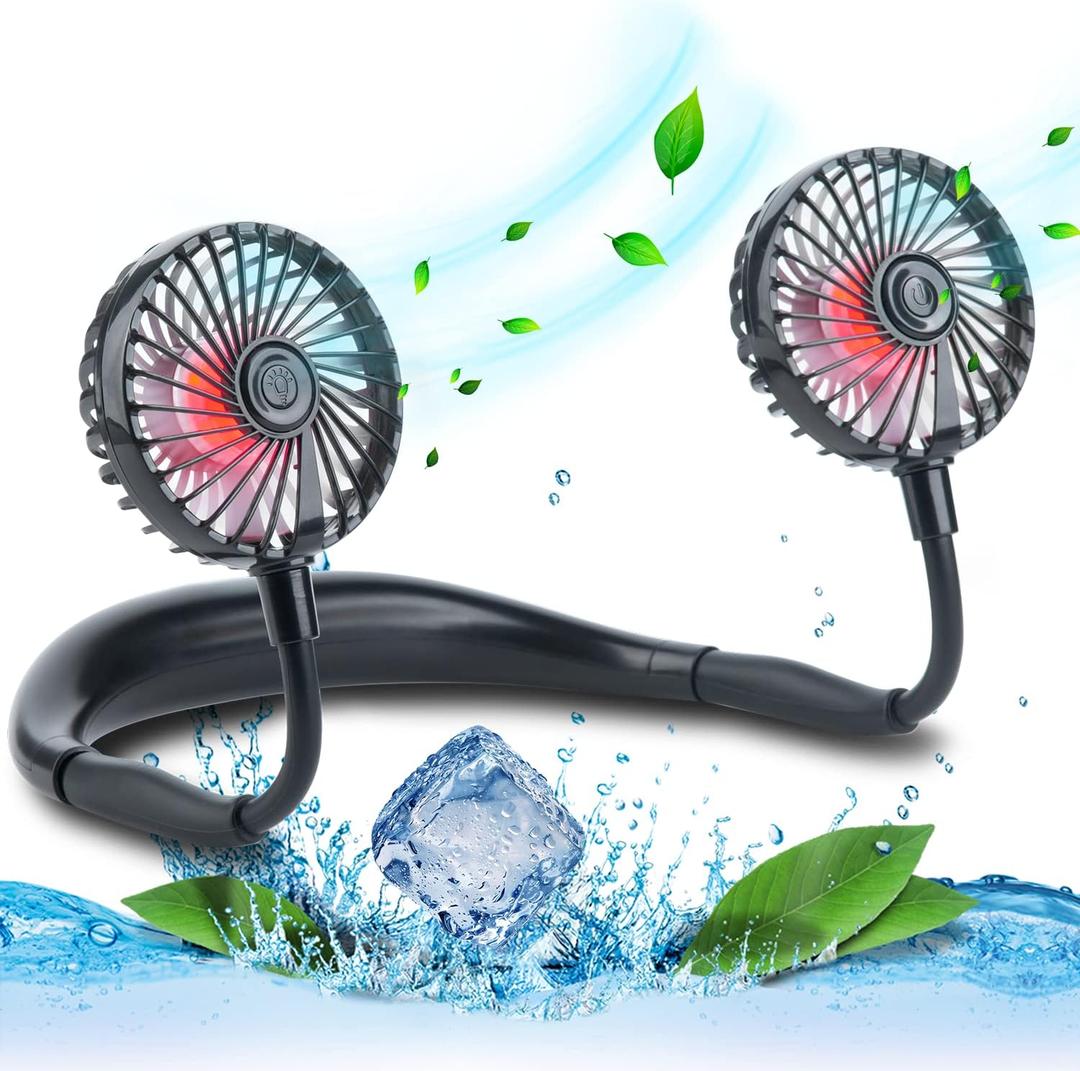 VAGAU Portable Cooling Neck Fan, Rechargeable USB Personal Neck Fans with Colorful LED lights, 360 Rotation, Wearable Neck Fan Air Conditioner for Office Travel Sport, 3 Adjustable SpeedsBlack, Medium