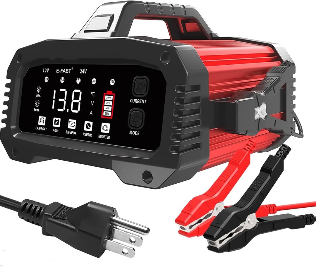25A Smart Car Battery Charger, 12V/24V Automatic Automotive Battery Maintainer & Desulfator with 200s Booster Mode - Adjustable Amp Trickle Charger for Lead-Acid, AGM, Gel, LiFePO4