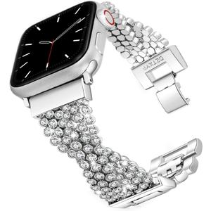 Bling Crystal Mesh Chains Compatible with Apple Watch Band 38/40/41/42/44/45/46/49mm,Women Dressy Straps for Iwatch Series 10/9/8/7/6/5/4/3/SE (Silver+clear)