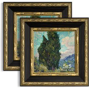 Yaetm Vintage 5x5 Picture Frame, Ornate Antique Gold 5 x 5 Square Frame with Real Glass, 1.4-inch Wide Molding, Display Photos & Art Print on Tabletop or Wall Mounting (Black/Gold, 2 Pack)