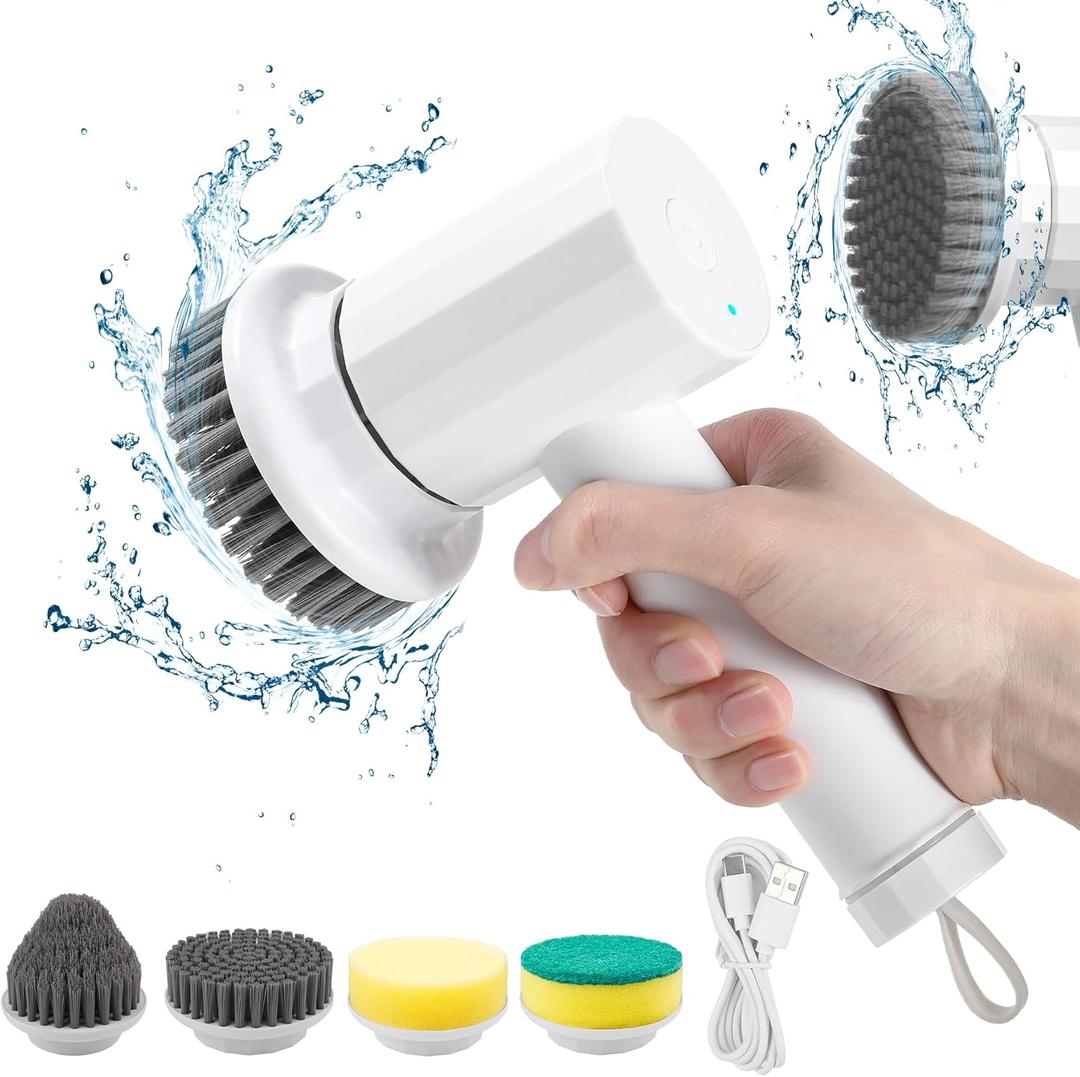 Electric Spin Scrubber Cordless Power Cleaning Brush with 4 Replaceable Brush Heads 2 Adjustable Speeds for Bathroom Kitchen Dishes Tub Sink Tile Window Floor Grout, White