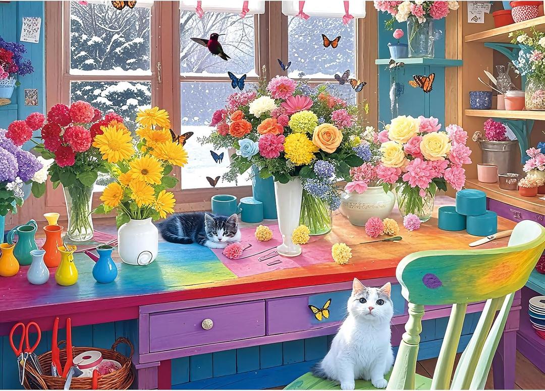 Colorful Flower Room 1000 Piece Puzzle for Adults, Fun Puzzles for Adults 1000 Pieces with HD Print Poster, 27.5" X 19.7" Dust Free, for Gifts Birthday Holiday Party Family Games Lovers