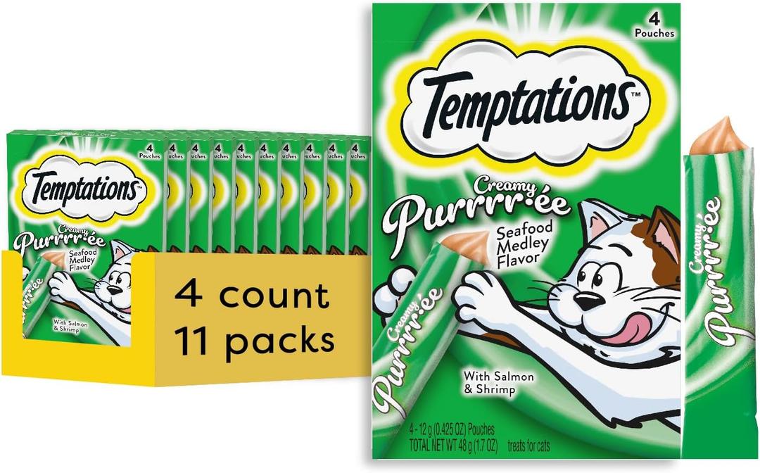 Temptations Creamy Puree Mix-Ups Squeezable Lickable Wet Cat Treats, Seafood Medley Flavor, 0.42 oz. Tubes, 4 Count, Pack of 11 (44 Total), BBD 11/27/26