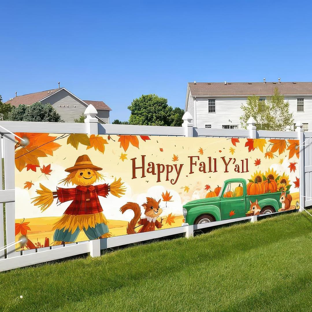 Happy Fall Garden Fence Banner 118 x 20 inchs Autumn Thanksgiving Outdoor Decoration Green Truck Pumpkin Holiday Harvest Welcome Hanging Backdrop for Garden Fence Yard Lawn Porch
