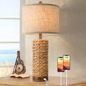 Rattan Table Lamp for Living Room with 2 USB Ports, 27In Tall Bedroom Table Lamp with Hand-made Seagrass Base, Rustic Farmhouse Large Bedside Nightstand Lamp for End Table, E26 Socket, Rotary Switch