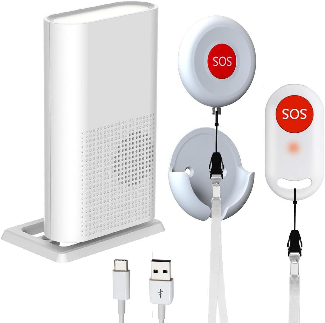 Wireless Caregiver Call Button, Rechargeable Caregiver Pager for Elderly, Call Bell for Elderly at Home,Medical Life Alert Systems for Seniors with Portable Receiver / Emergency Button with Pull Rope