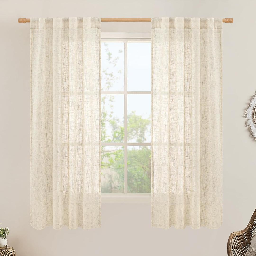 LAMIT Faux Linen Curtains 63 inches Long for Bedroom, Back Tab and Rod Pocket Linen Drapes Light Filtering Sheer Window Curtains for Living Room, Set of 2 Panels (38 x 63 Inch, Beige)