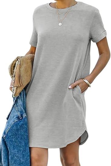 YEXIPO Women's Casual Summer Short Sleeve T Shirt Dress Nightgown Crew Neck Loose Solid Color Basic Dresses with Pockets M