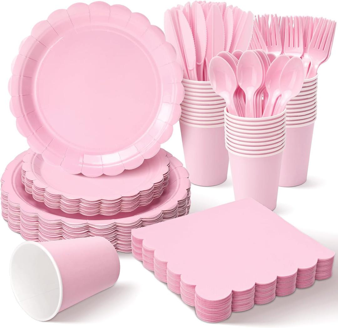 Vyntra 350 Pcs Pink Disposable Paper Plates and Napkins Set for 50, 9" Dinner Plates & 7" Dessert Plates, Tableware for Valentines, Birthday, Party