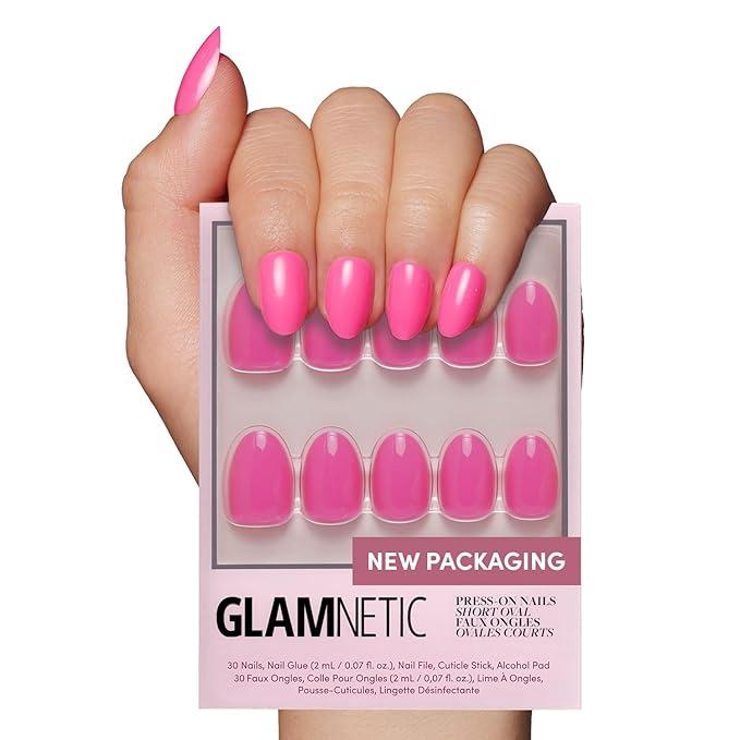 Glamnetic Press On Nails - Hot Pink | Opaque Bright Neon Pink Short Oval Fake Nails, Salon Quality | 15 Sizes - 30 Nail Kit with Glue, Hot Pink