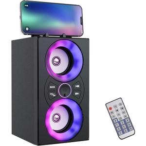 Portable Bluetooth Speaker with TWS, Lights, Remote Control and Phone Holder,Multiple Inputs for Music Playback,20W Wireless Subwoofer, TF Card Slot, USB Port, AUX Input, Type C Cable