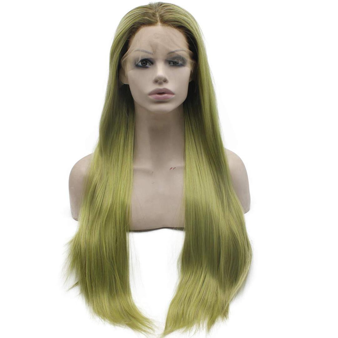 Mxangel Long Straight Ombre Green Synthetic Wig Lace Front Heat Friendly Fiber Hair Wig