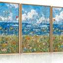 BICERE Large Blue Seaside Wildflower Framed Canvas Wall Art,Modern Nature Ocean Wall Decor,Rustic Sky Printing,White Cloud Landscape Artwork for Living Room,Bedroom,Dining Room-24"x36"x3