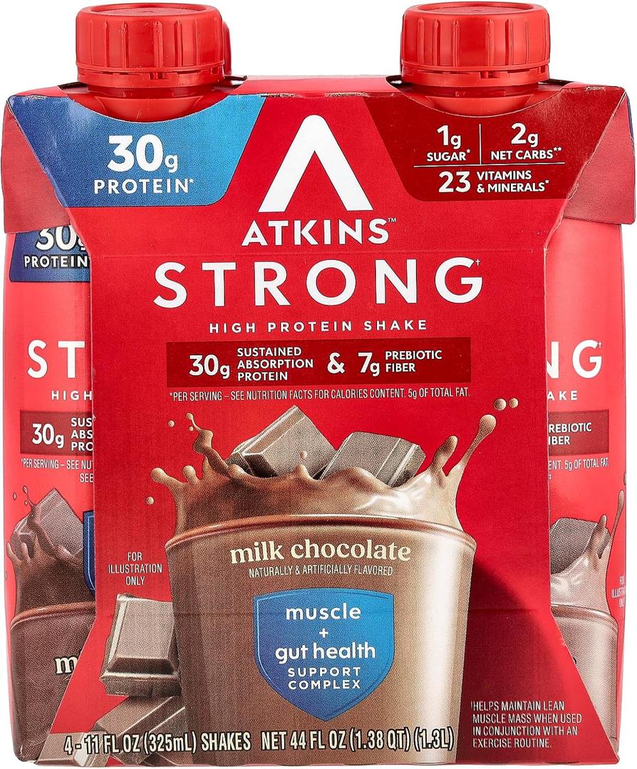 Atkins Strong High Protein Shake, Milk Chocolate, 30g Protein, 7g Prebiotic Fiber, Muscle & Gut Health Support Complex, 4 Count (EXP 05/29/26)
