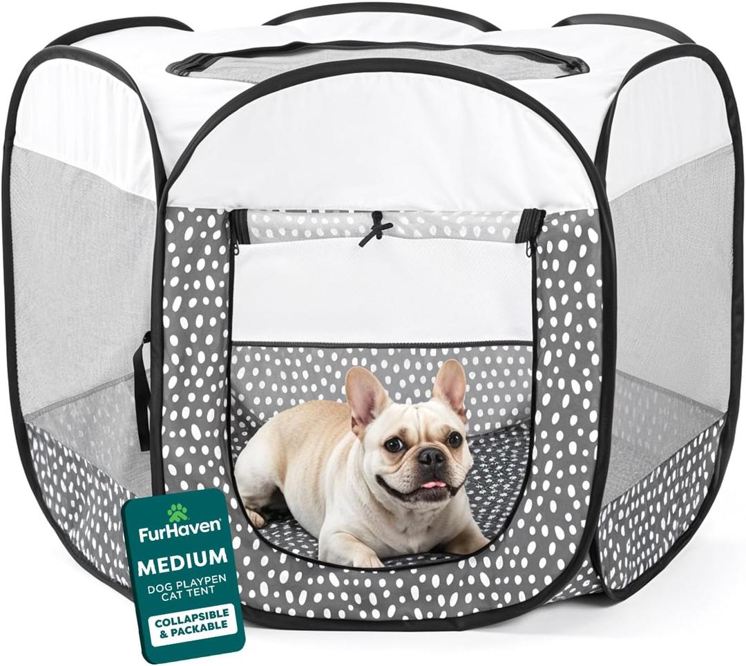 FurHaven Portable Pet Playpen for Dogs & Cats, Foldable Indoor Kitten Playpen with Mesh Sides, Pop Up Travel Dog Pen, Medium, Gray Pebbles