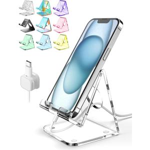 Acrylic Cell Phone Stand, Clear Phone Holder for Office Desk, Vanity, Kitchen, Bedside Table, Compatible with iPhone 17/Smartphones/iPad/Switch/Kindle, Office Desk Accessories