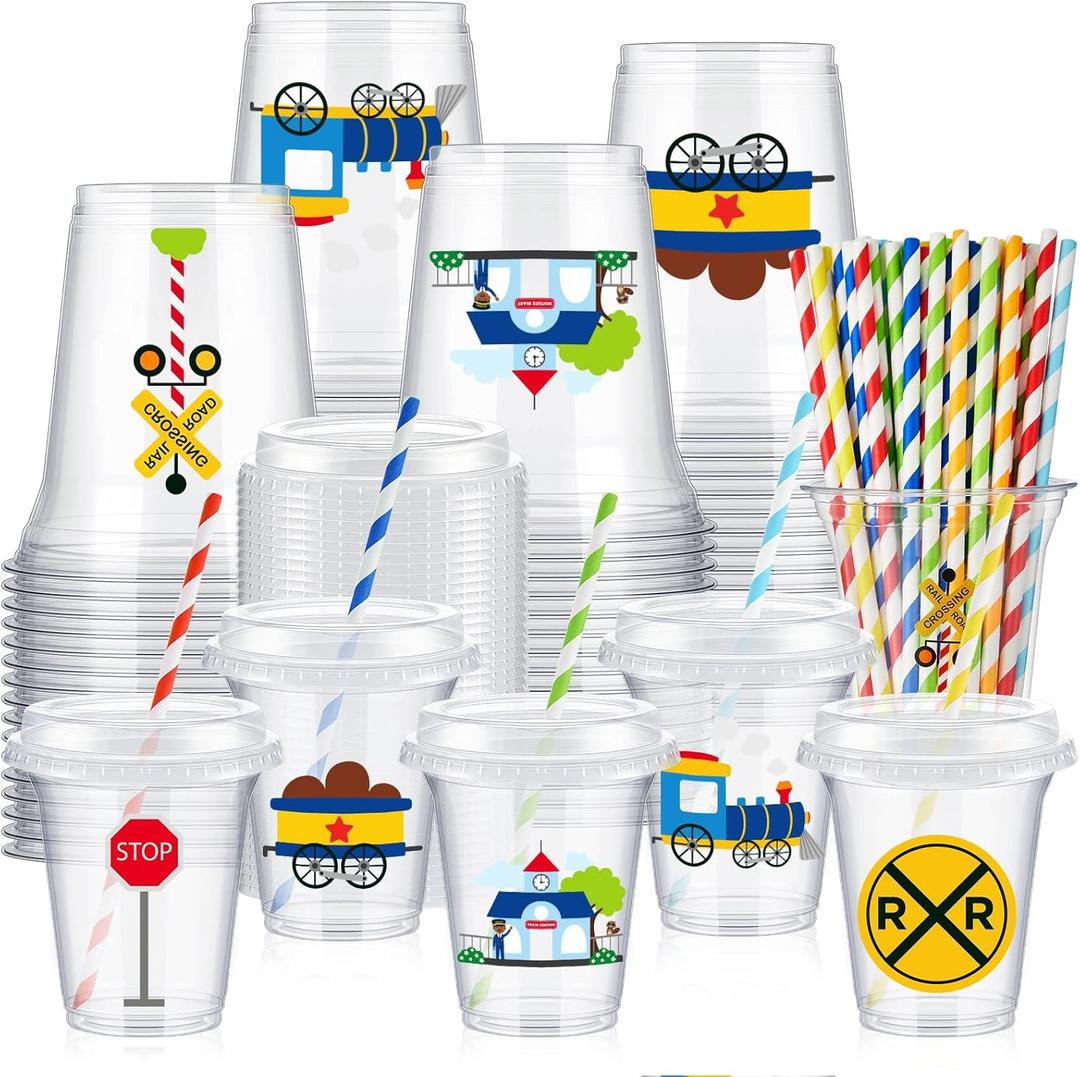 60 Set Train Theme Party Plastic Cups Bulk 14 oz Disposable Clear Cups with Lids and Paper Straws for Trains Party Birthday Supplies Favor Decorations (Multicolor)