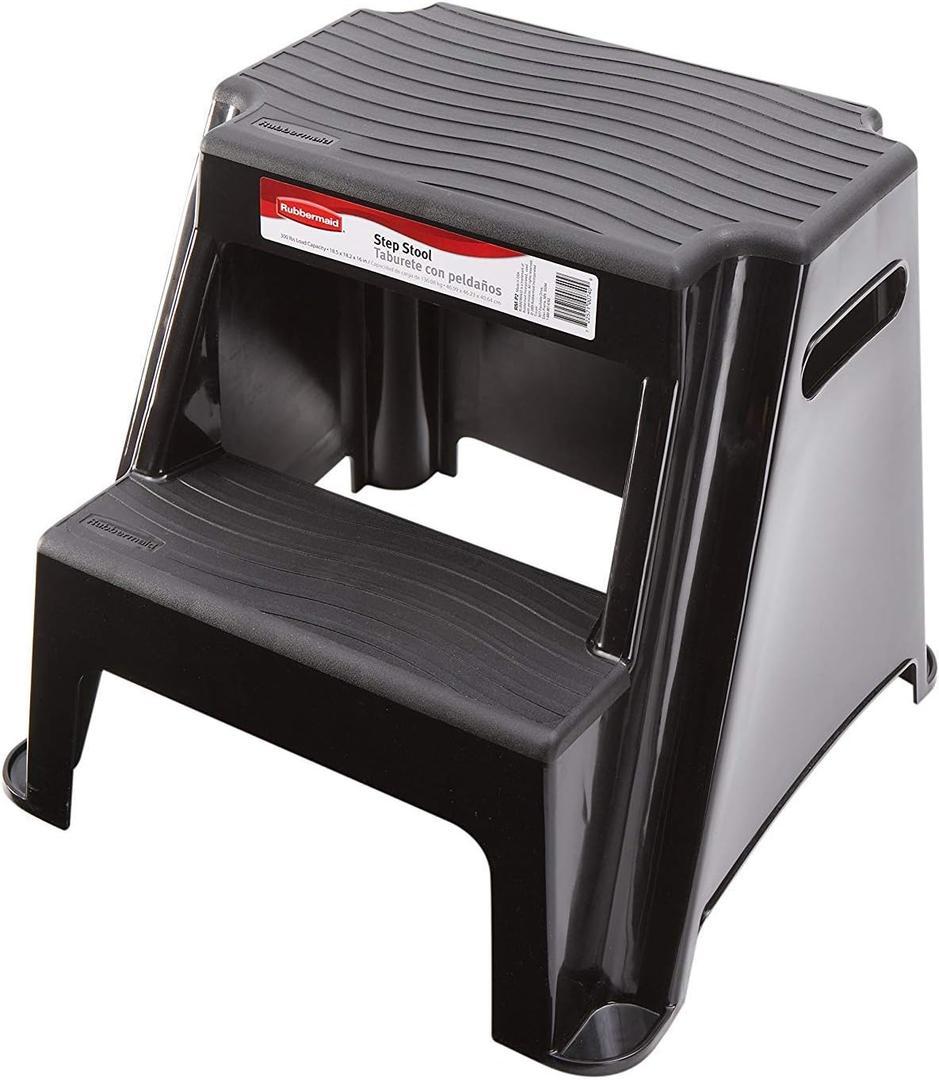 Rubbermaid 2-Step Molded Plastic Step Stool, Lightweight with Slip Resistant Treads and Non-Slip Feet, Black 
