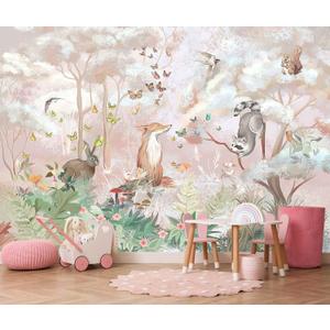 Kids Safari Wallpaper Butterfly Fox Forest Animal Wallpaper Mural with Pink Background for Girl's Room Decoration(Not Self-Adhesive) (170" x 120")