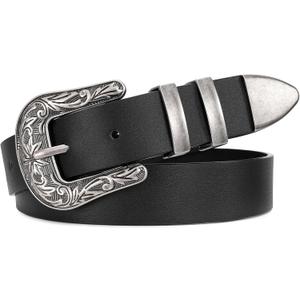 JASGOOD Women Leather Belts Ladies Vintage Western Design Black Waist Belt for Pants Jeans Dresses (Fit Size 28"-31", G-balck Silver)