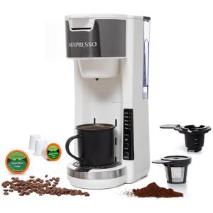 Mixpresso White Single Serve Coffee Brewer K-Cup Pods Compatible & Ground, 30 oz Compact Coffee Maker Single Serve With 5 Brew Sizes Up To 14 Oz, Fits Travel Mug, Adjustable Drip Tray