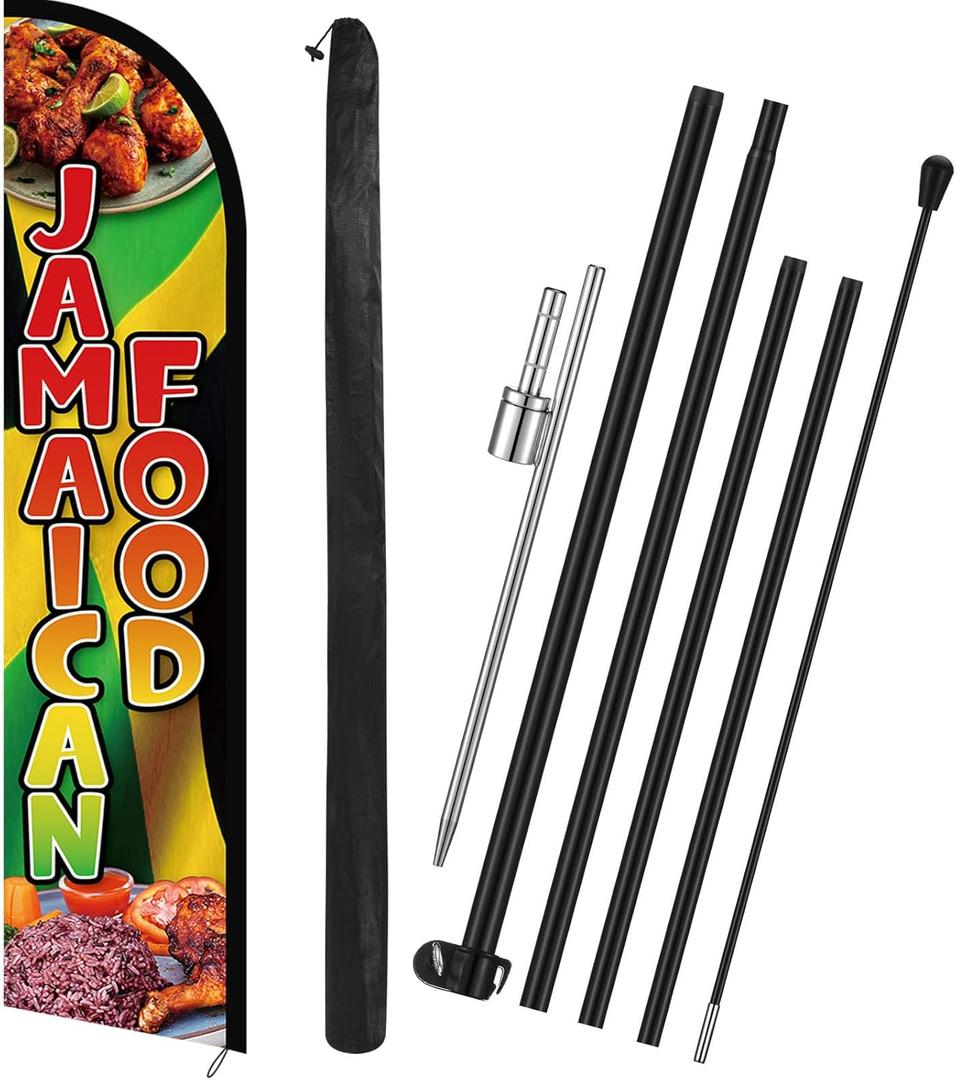 15 ft Jamaican Food Feather Flag Kit, Jamaican Food Swooper Flags with Poles and Ground Stake, Windless Advertising Banner Sign for Outdoor, Festivals, Business, Restaurant