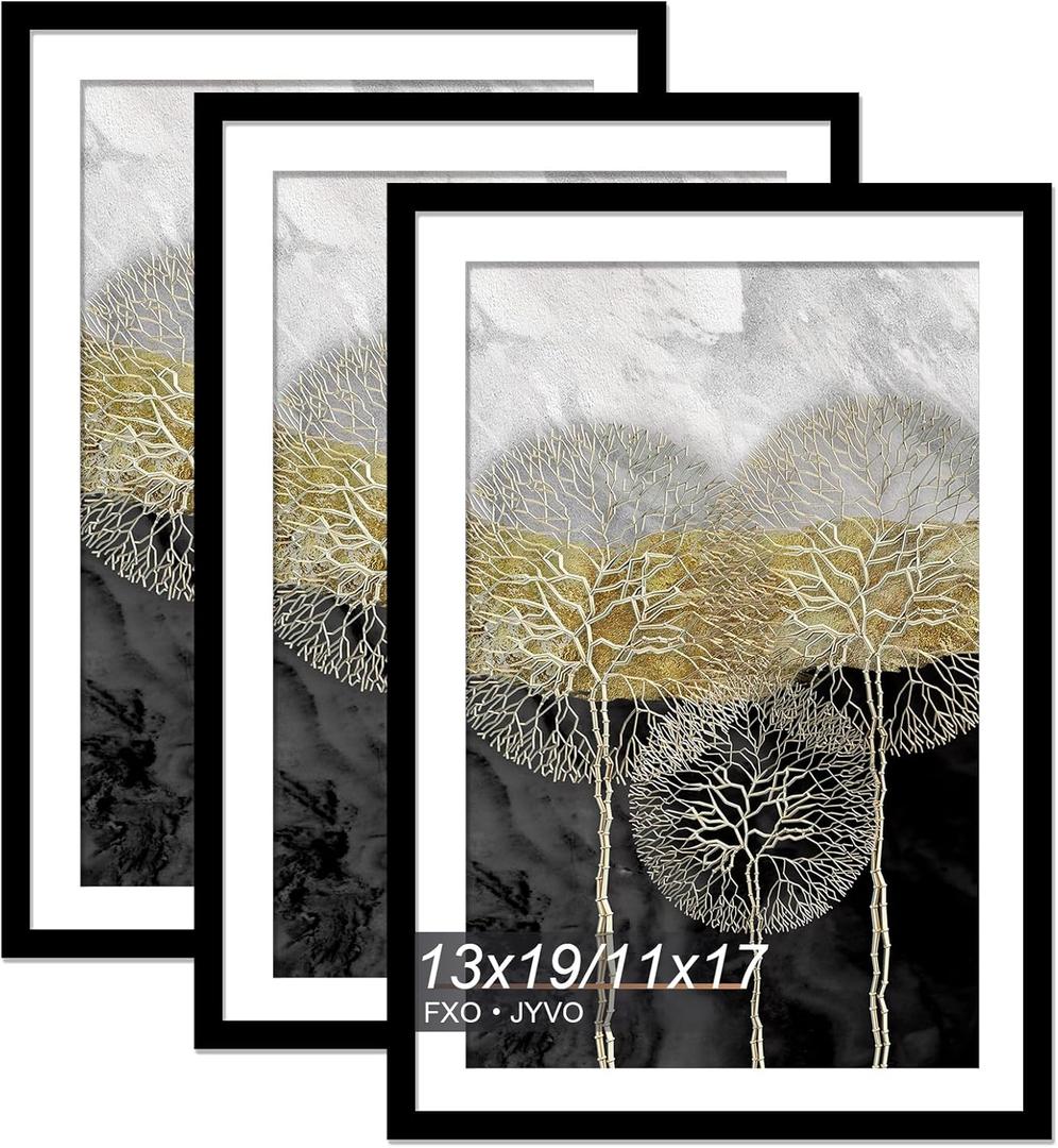 Fxojyvo 13x19 Picture Frame Set of 3, Display Poster 11x17 with Mat or 13 x 19 Without Mat, Light Weight and High Transparent 13 by 19 Frame for Wall - 3 Pack/Black/13 x19