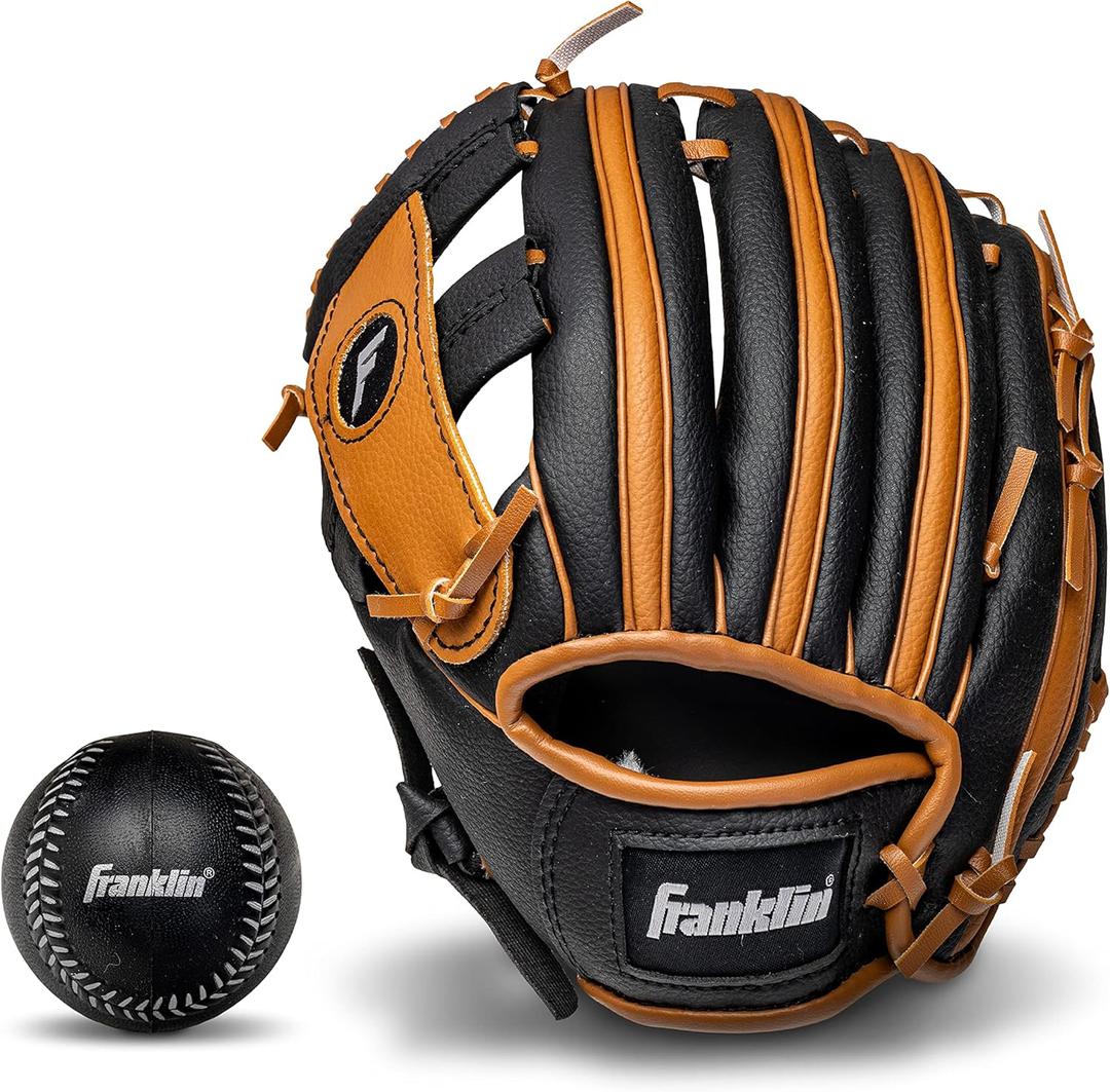 Franklin Sports Kids Baseball Gloves - RTP Youth Teeball Glove + Ball Set - Boys + Girls Teeball Mitt - Kids + Toddlers - 9.5" (Black)
