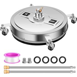 15 Inch Stainless Steel Surface Cleaner for Pressure Washer Attachment with 4 Wheel Casters 4000 PSI,1/4" Quick Connector, Power Washer with 2 Extension Wand Flat Surface Cleaner