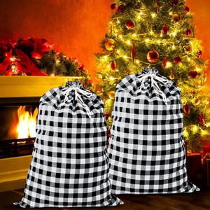 2PCS 28''x47'' Jumbo Christmas Drawstring Gift Bags, Santa Bags Extra Large, Buffalo Plaid Christmas Gift Bags Santa Sack with Drawstring,Heavy Xmas Bags for Xmas Holiday Gift Giving and Party Decor (Black and White Grid)