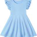 Toddler Girls Cotton Dress Double Flutter Sleeve Baby Tie Back Dress Kids Casual Ruffle Dresses (Purple)