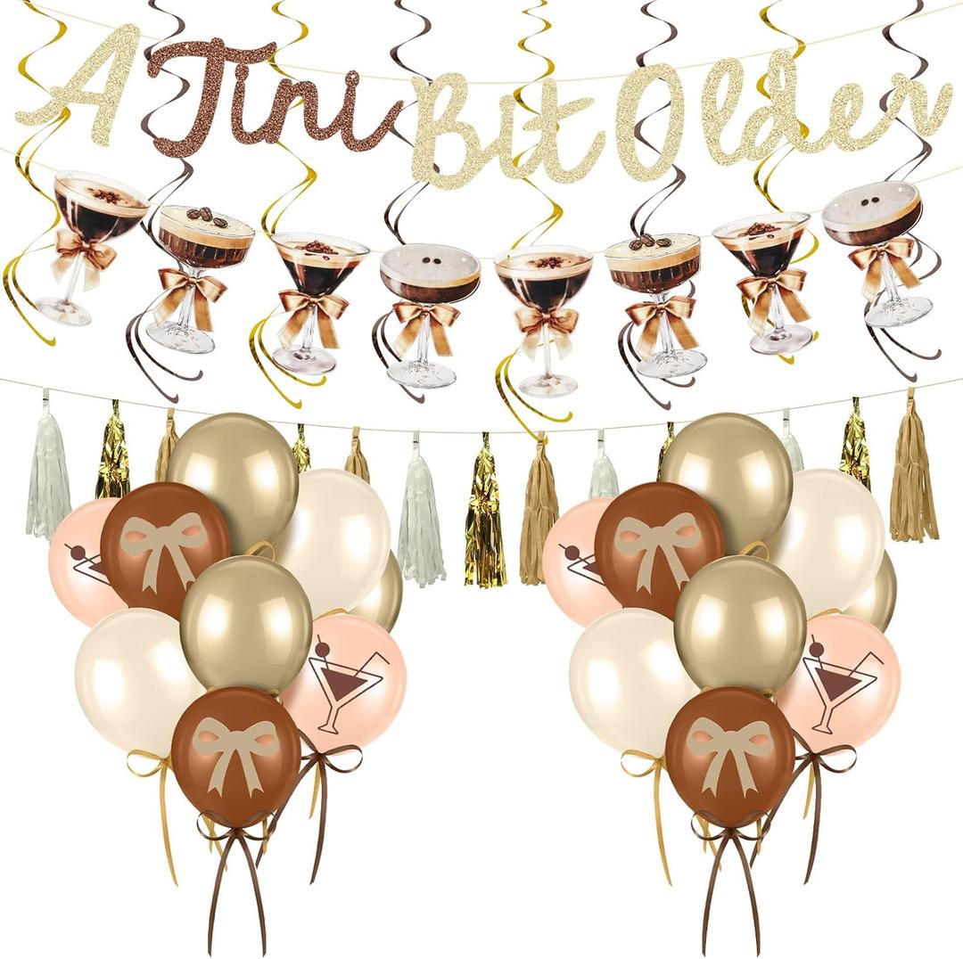 2 x VitalCozy 48 Pcs Fall Martini Birthday Party Decorations a Tini Bit Older Banner Martini Garland Gold Brown Bow Balloons Spirals Ribbon for Women Bar Birthday Bachelorette Bridal Shower