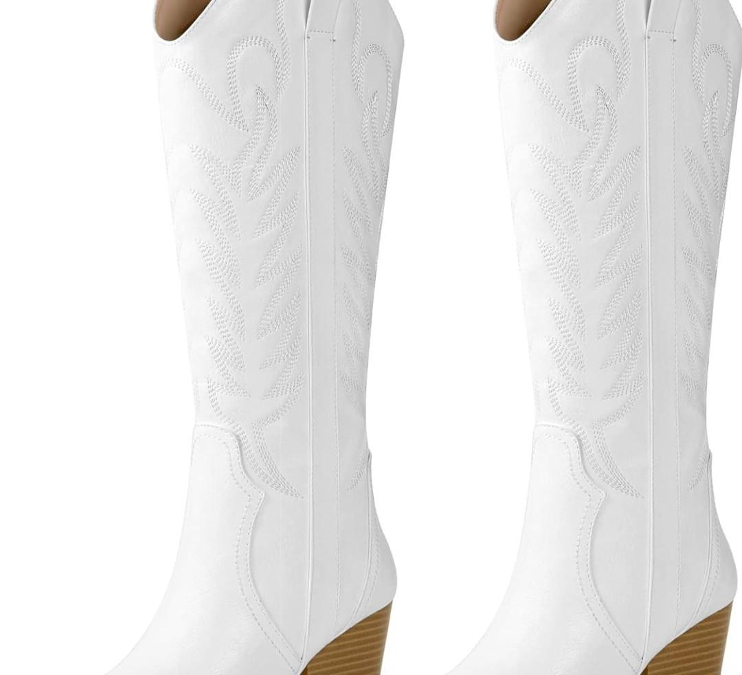 Arromic Cowboy Boots for Women Comfortable Womens Embroidered Western Cowgirl Knee High Boots Pointed Toe Zipper Chunky Heel Country Outfit Retro Tall Boots 7