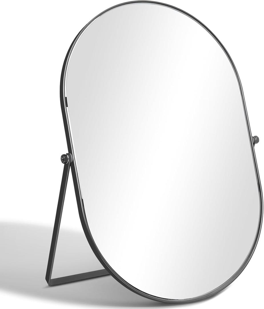 Vanity Desk Table Mirror, Adjustable Rotation Oval Tabletop Standing Makeup Mirror with Metal Framed for Living Room, Bedroom, Bathroom, Dark Grey