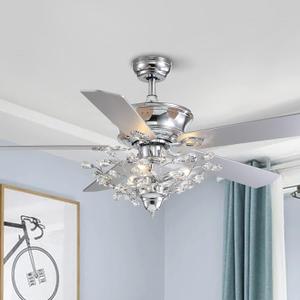 CROSSIO 50" Crystal Ceiling Fan with Lights 50 inch Vintage Chandelier Fan with Remote Control 5 Reversible Wood Blades Fandelier for Living Room Bedroom (Chrome)