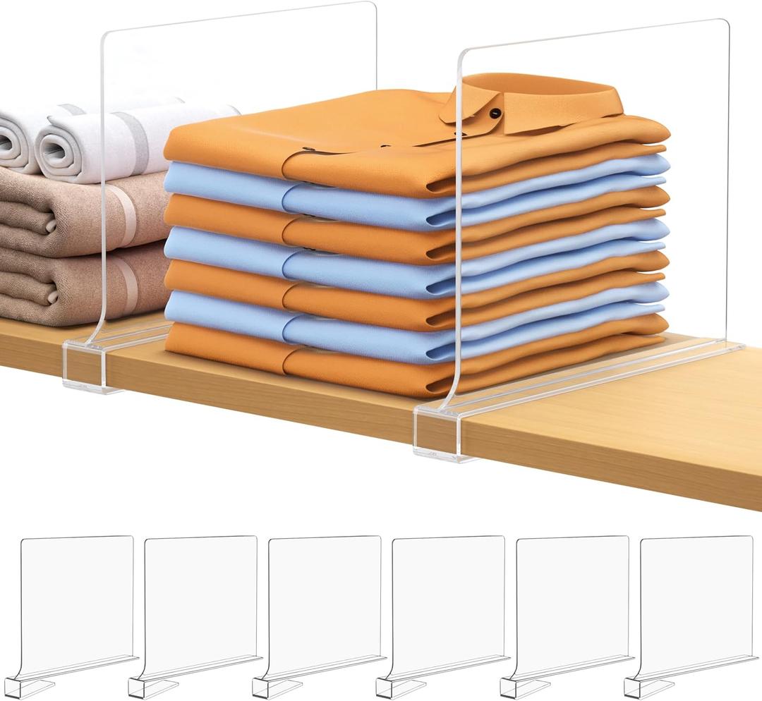 6 PCS Shelf Dividers for Closet Organization Acrylic Clear Closet Shelf Divider for Wooden Shelving Suitable for Wooden or Vertical Shelves Or Bedroom, Kitchen and Office