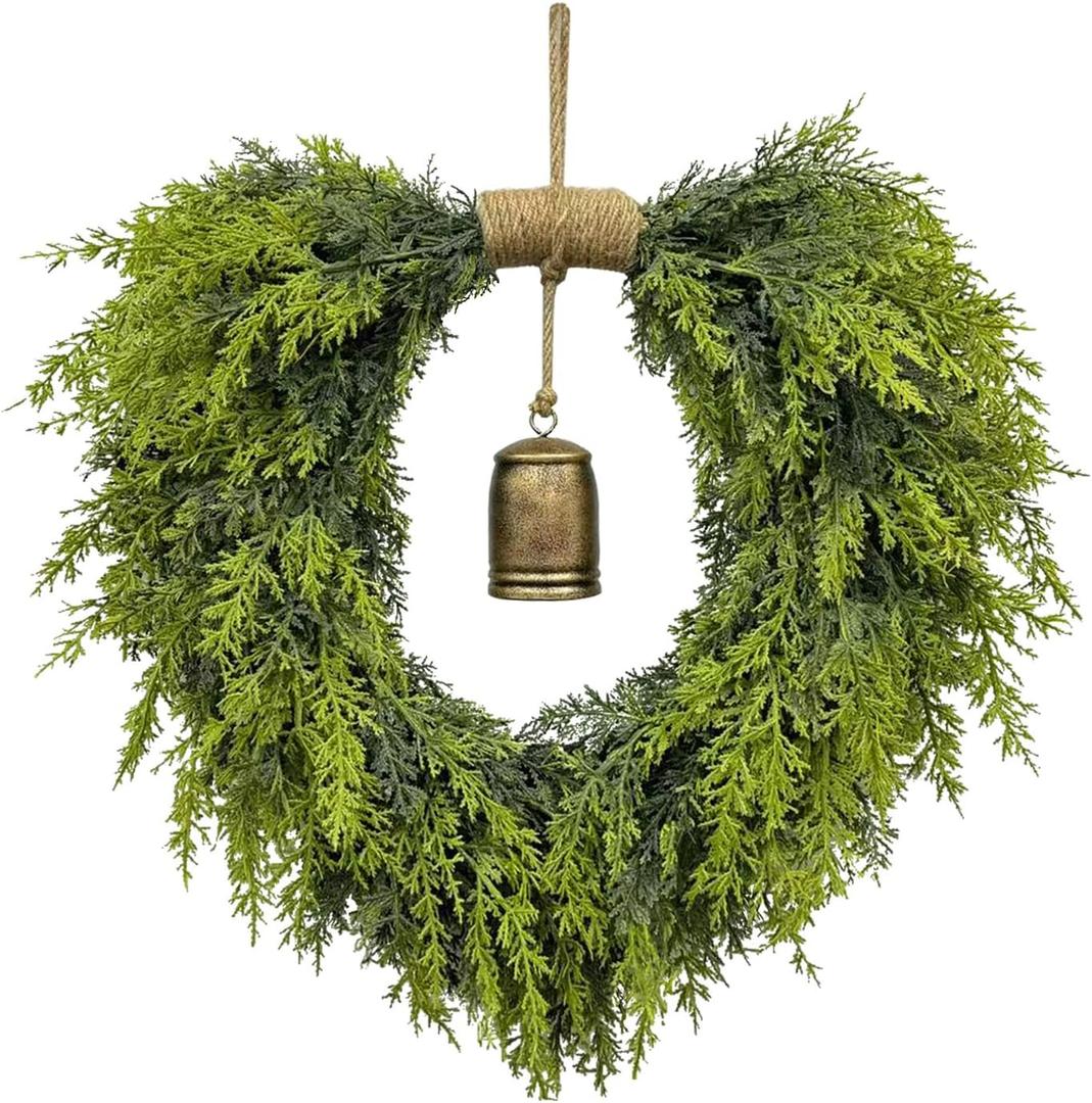 20" Heart-Shaped Wreath for Front Door Faux Greenery with Rustic Bell Waterproof & Fade-Resistant Christmas Decor for Porch, Holiday Wall or Indoor Use