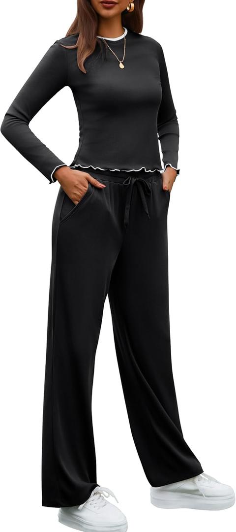 Gargenwed Women's Two-Piece Lounge Set, Long Sleeve Top and Wide Leg Pants with Pocket Casual Comfort Outfit (X-Large, Black)