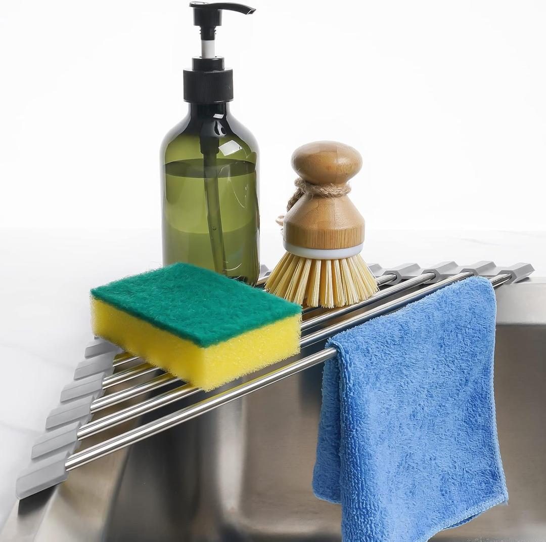 Tomorotec Triangle Roll-Up Dish Drying Rack for Sink Corner Small Foldable Stainless Steel Over The Sink Multipurpose Kitchen Drainer Caddy Organizer Storage Space Saver Shelf Holder (Gray) 2.76"D x 16.14"W x 0.39"H