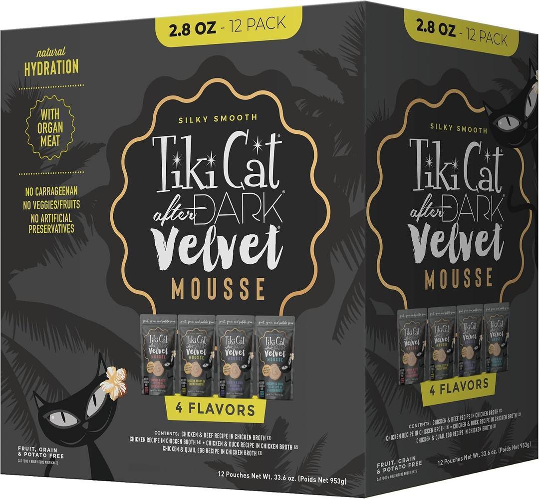 Tiki Cat After Dark Velvet Mousse Wet Cat Food, Variety Pack, 2.8 oz. Pouch (Pack of 12) (EXP 02/28/28)