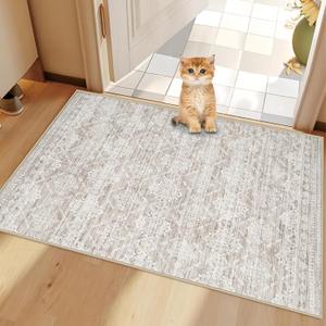 Area Rug 2x3 Entryway Rug, Washable Geometric Boho Area Rug, Non-Slip Non-Shedding Soft Low-Pile Indoor Door Mat, Small Throw Rug for Bedroom Kitchen Entryway(Ivory Mocha,2'x3')