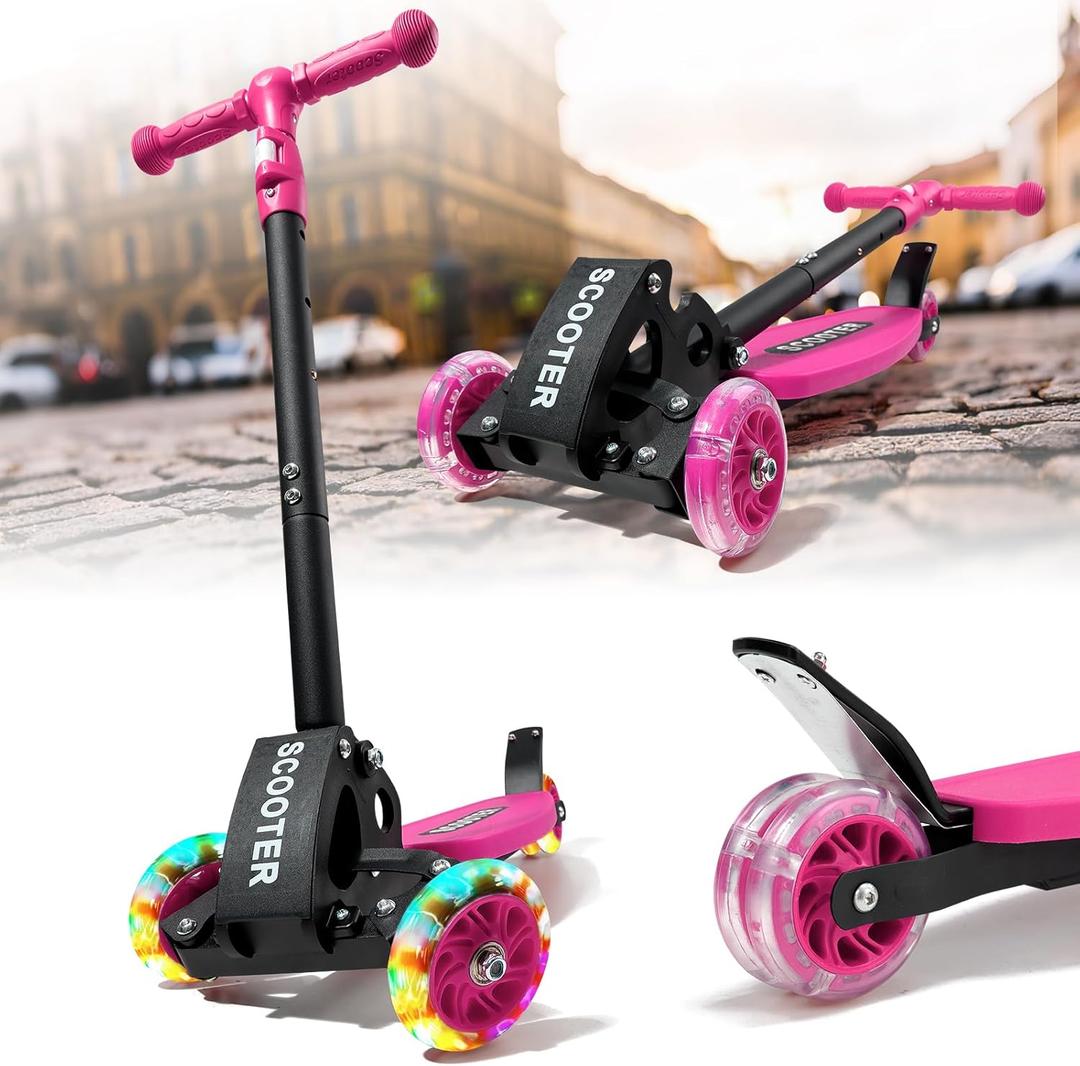 Kick Scooters for Kids 5-7 8-12,Lean to Steer,Three Wheeled Light Up,28"-32" Adjustable Handlebar,Widen Anti-Slip Deck,Floor Push Scooter for Boys Girls Ages 6-12 3-4 Old,Foldable for Travel (Pink)