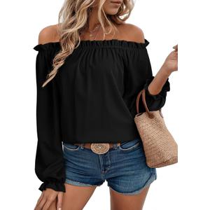 EVALESS Womens Tops Off The Shoulder Blouses for Women Dressy Casual Cute Puff Sleeve T Shirts Fashion 2026 XL