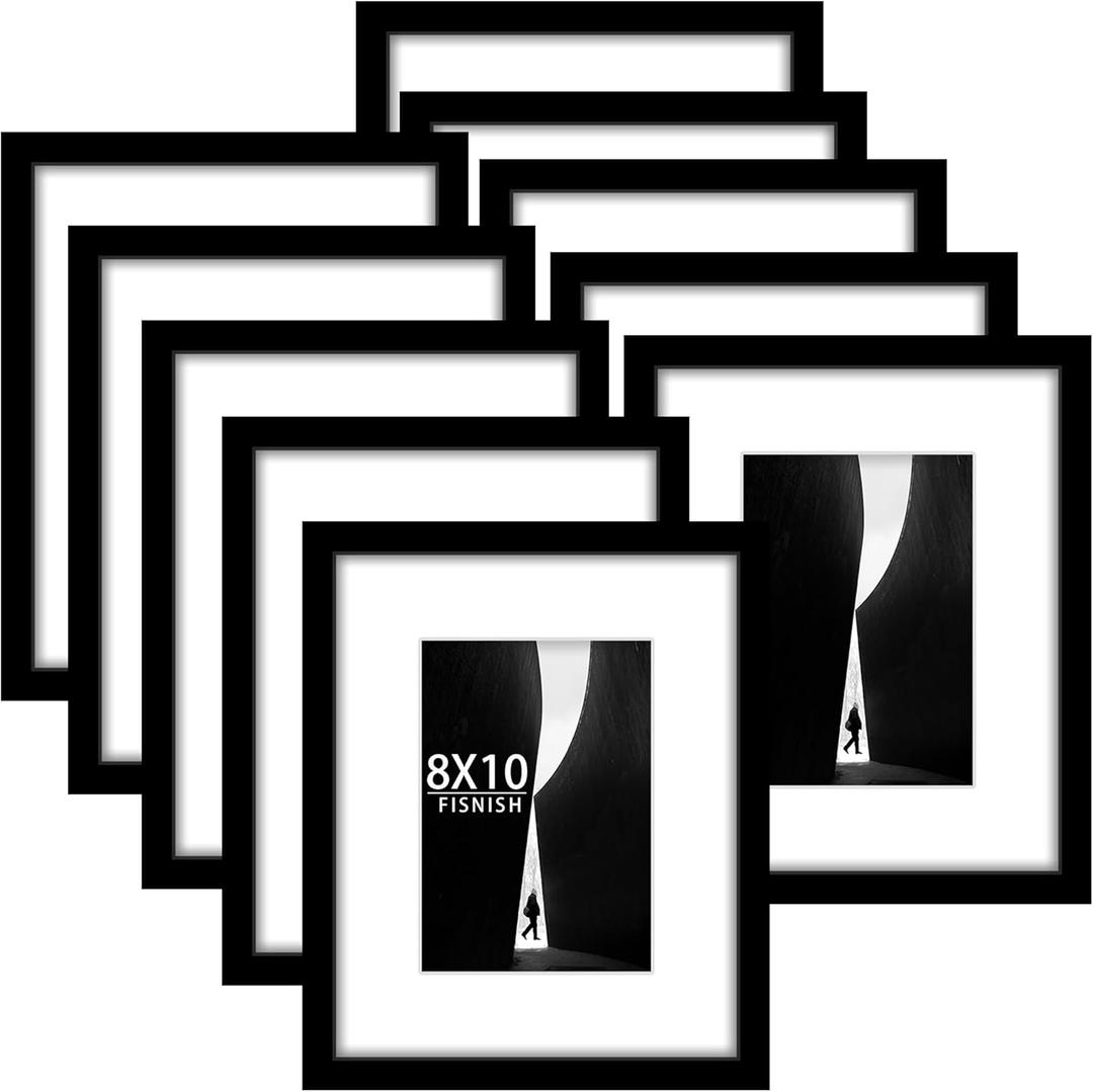 8x10 Picture Frame Sef of 10, Display Pictures 5x7 with Mat or 8 x 10 Without Mat, Photo Frame Collage for Wall Gallery Decor, Hanging or Tabletop Display, Black